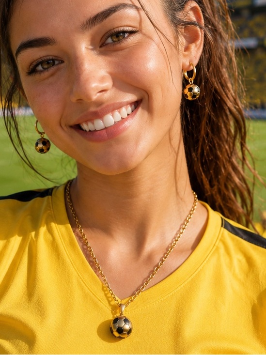 Anthropologie Jewelry - Gold and Black Soccer Ball Pendant Necklace with Matching Hoops